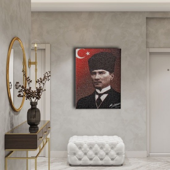 Türk Bayraklı - İmzalı Atatürk Portresi Kanvas Tablo